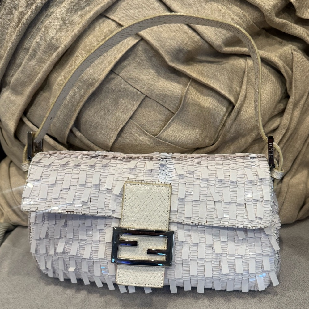 Vintage Fendi Sequins Baguette White Designer Shoulder Bag With Lizard Accents